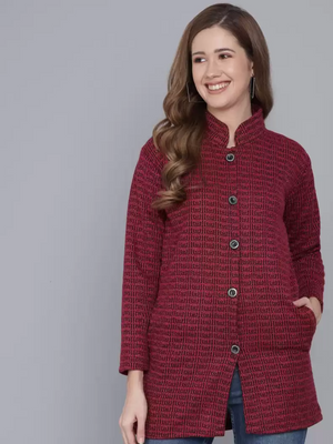 TANDUL  Printed Collared Neck Casual Women Maroon Sweater