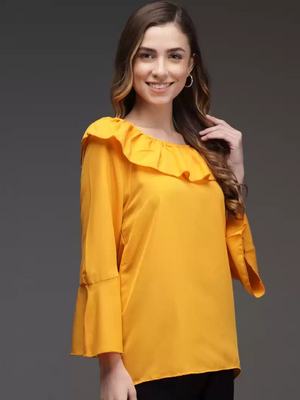TANDUL  Party Bell Sleeves Solid Women Yellow Top