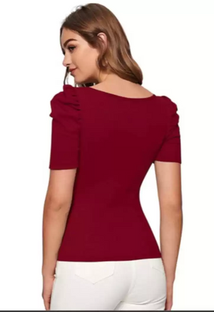 TANDUL  Casual Puff Sleeves Solid Women Maroon Top