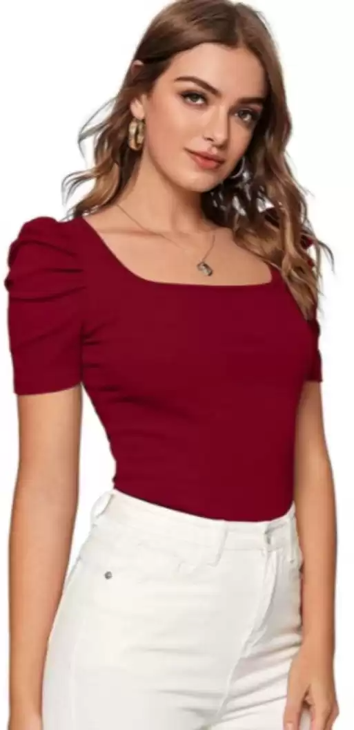TANDUL  Casual Puff Sleeves Solid Women Maroon Top