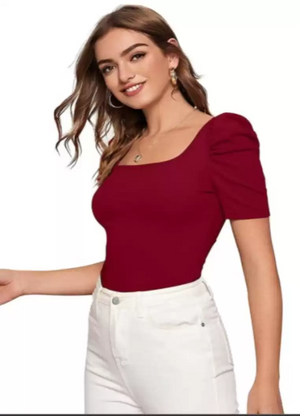 TANDUL  Casual Puff Sleeves Solid Women Maroon Top