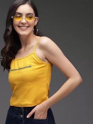 TANDUL  Casual Noodle Straps Solid Women Yellow Top