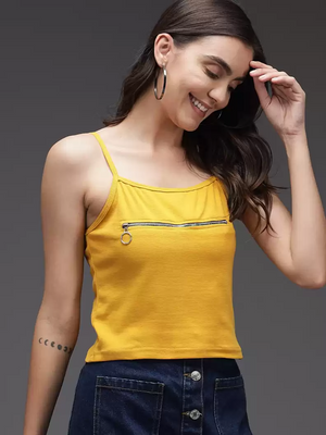 TANDUL  Casual Noodle Straps Solid Women Yellow Top