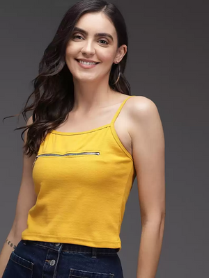 TANDUL  Casual Noodle Straps Solid Women Yellow Top