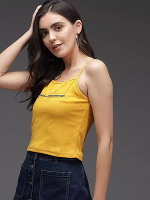 TANDUL  Casual Noodle Straps Solid Women Yellow Top