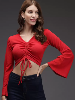 TANDUL  Casual Bell Sleeves Solid Women Red Top