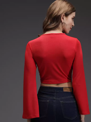TANDUL  Casual Bell Sleeves Solid Women Red Top
