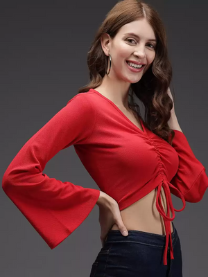 TANDUL  Casual Bell Sleeves Solid Women Red Top