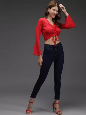 TANDUL  Casual Bell Sleeves Solid Women Red Top