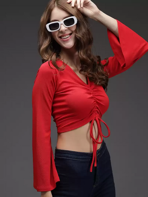 TANDUL  Casual Bell Sleeves Solid Women Red Top