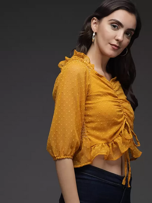 TANDUL  Casual Regular Sleeves Self Design Women Yellow Top