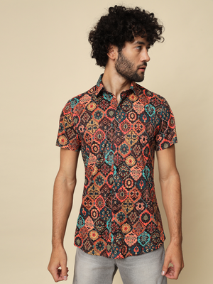 Men Regular Fit Printed Double Collar Formal Shirt