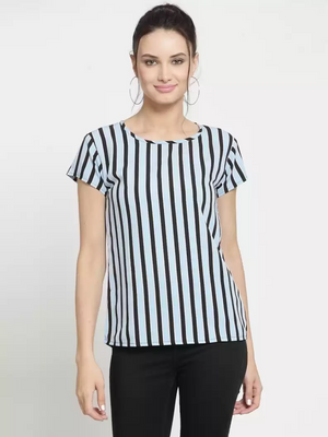 TANDUL  Casual Regular Sleeves Striped Women Light Blue, Black Top