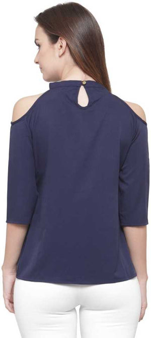 TANDUL  Casual Cold Shoulder Sleeves Solid Women Dark Blue Top