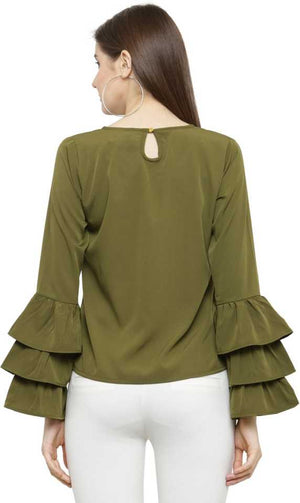 TANDUL  Casual Bell Sleeves Solid Women Dark Green Top