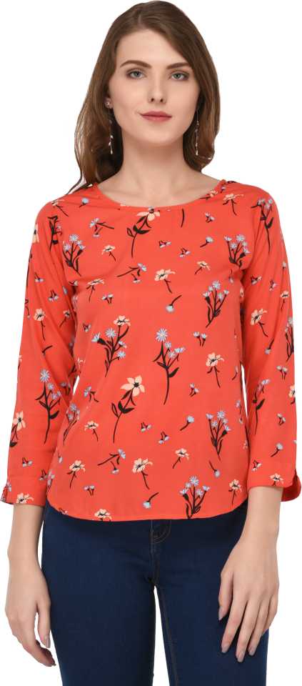 Casual Regular Sleeves Floral Print Women Orange Top