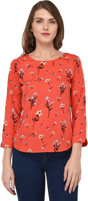Casual Regular Sleeves Floral Print Women Orange Top