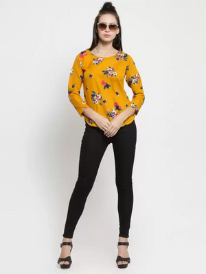 TANDUL  Casual Regular Sleeves Floral Print Women Yellow Top