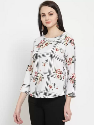 TANDUL  Casual Regular Sleeves Floral Print Women White Top