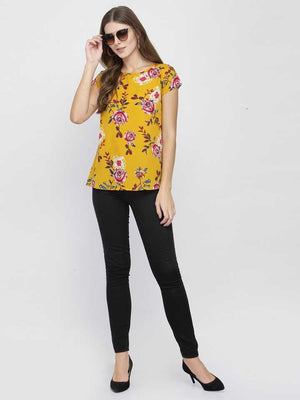 Casual Cap Sleeves Floral Print Women Yellow Top