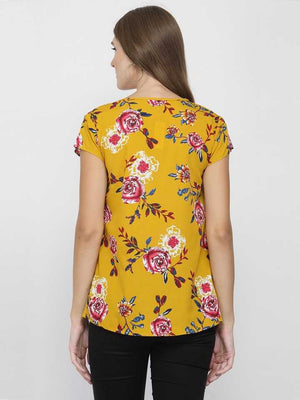 Casual Cap Sleeves Floral Print Women Yellow Top