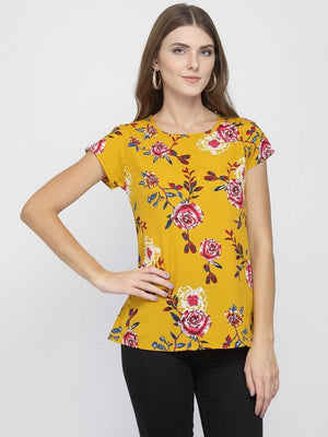 Casual Cap Sleeves Floral Print Women Yellow Top