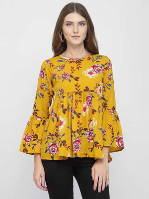 Casual Bell Sleeves Printed Women Yellow Top