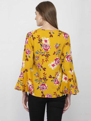 Casual Bell Sleeves Floral Print Women Yellow Top