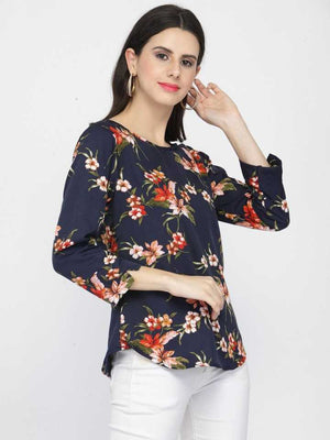 TANDUL  Casual Regular Sleeves Printed Women Dark Blue Top