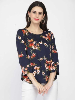 TANDUL  Casual Regular Sleeves Printed Women Dark Blue Top