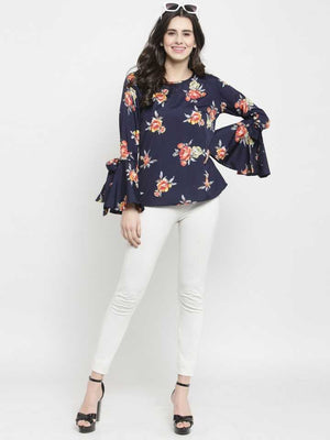 Casual Bell Sleeves Printed Women Blue Top