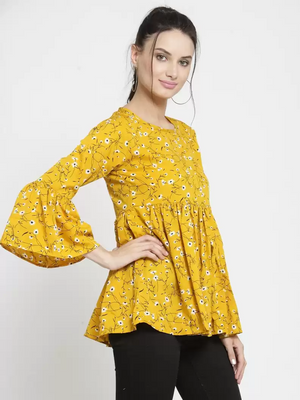 ZARVEY  Casual Bell Sleeves Printed Women Yellow Top