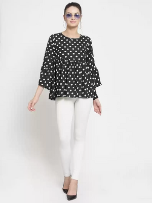 ZARVEY  Casual Bell Sleeves Printed Women White, Black Top