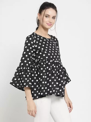 ZARVEY  Casual Bell Sleeves Printed Women White, Black Top