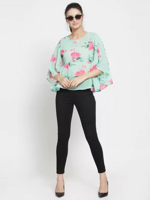 ZARVEY  Casual Flared Sleeves Printed Women Multicolor Top