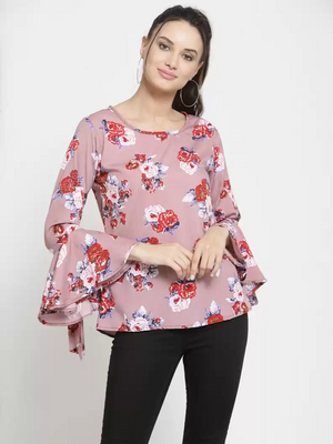 Casual Flute Sleeves Printed Women Multicolor Top