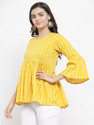 TANDUL  Casual Bell Sleeves Striped Women Yellow Top