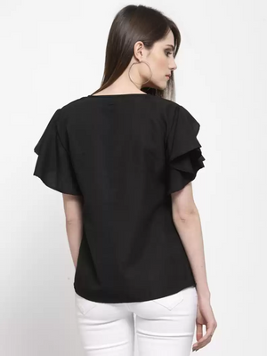 TANDUL  Casual Petal Sleeves Solid Women Black Top
