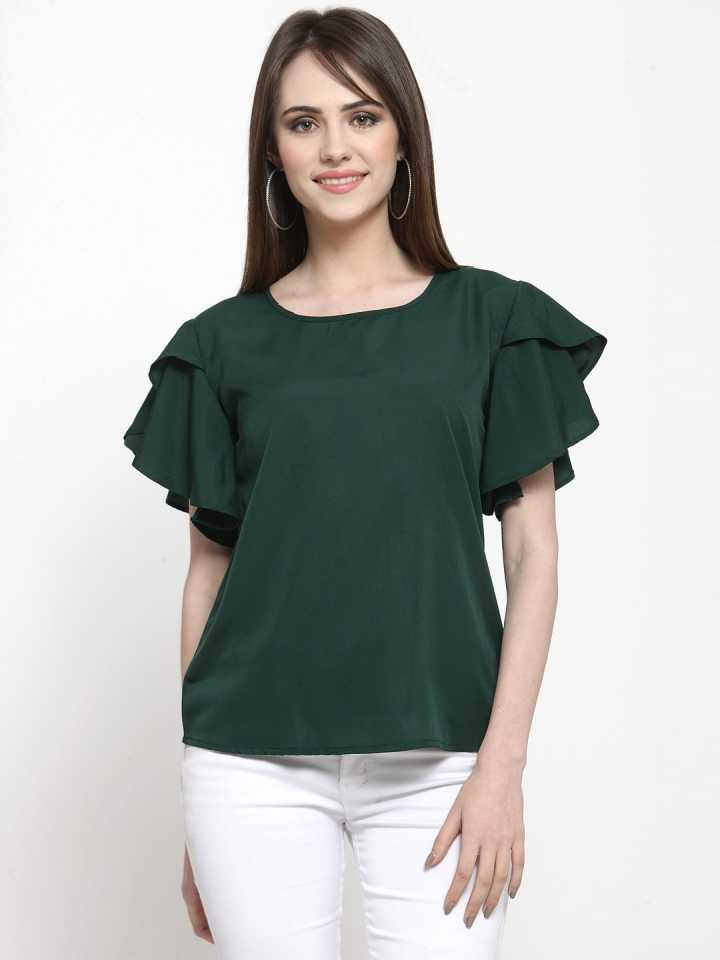TANDUL  Casual Petal Sleeves Solid Women Dark Green Top