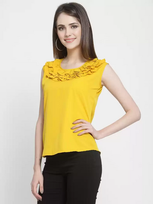 TANDUL  Casual Sleeveless Solid Women Yellow Top