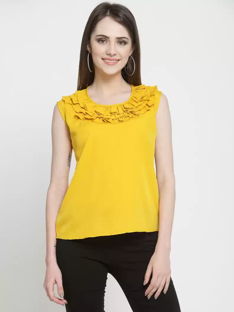 TANDUL  Casual Sleeveless Solid Women Yellow Top
