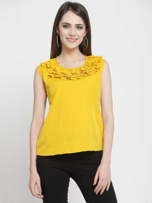 Casual Sleeveless Solid Women Yellow Top