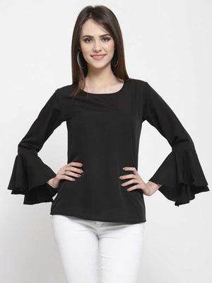 TANDUL  Casual Bell Sleeves Solid Women Black Top