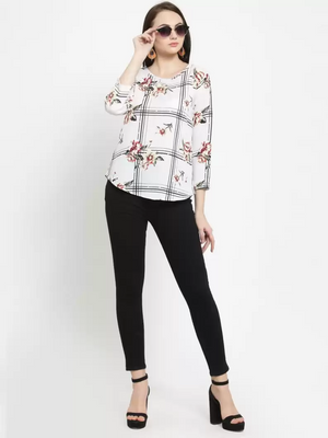 TANDUL  Casual Regular Sleeves Floral Print Women White Top