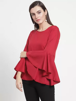 TANDUL  Party Bell Sleeves Solid Women Maroon Top