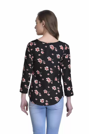 TANDUL  Casual Slit Sleeves Floral Print Women Black Top