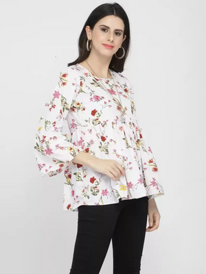 TANDUL  Casual Bell Sleeves Printed, Floral Print Women White Top