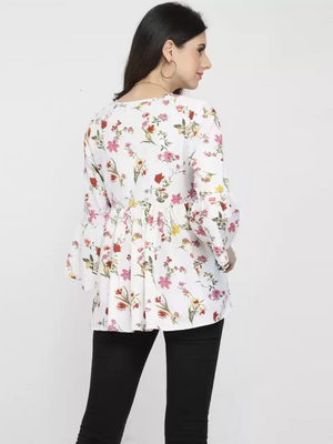 TANDUL  Casual Bell Sleeves Printed, Floral Print Women White Top