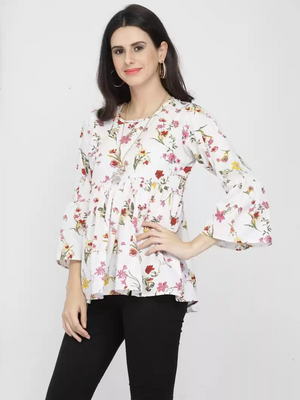 TANDUL  Casual Bell Sleeves Printed, Floral Print Women White Top