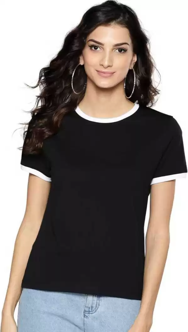 TANDUL  Solid Women Round Neck Black T-Shirt